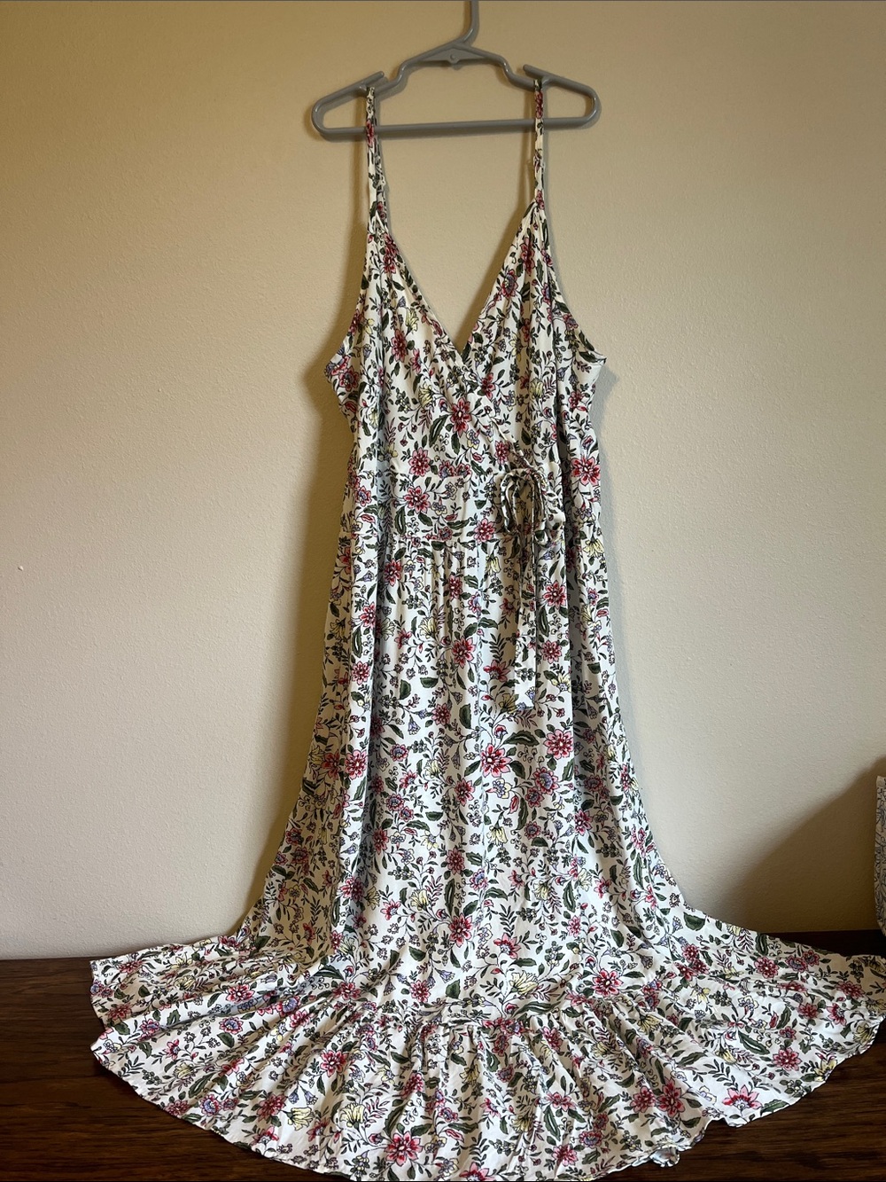 Floral V-Neck Midi Dress in White with Pink & Green Print